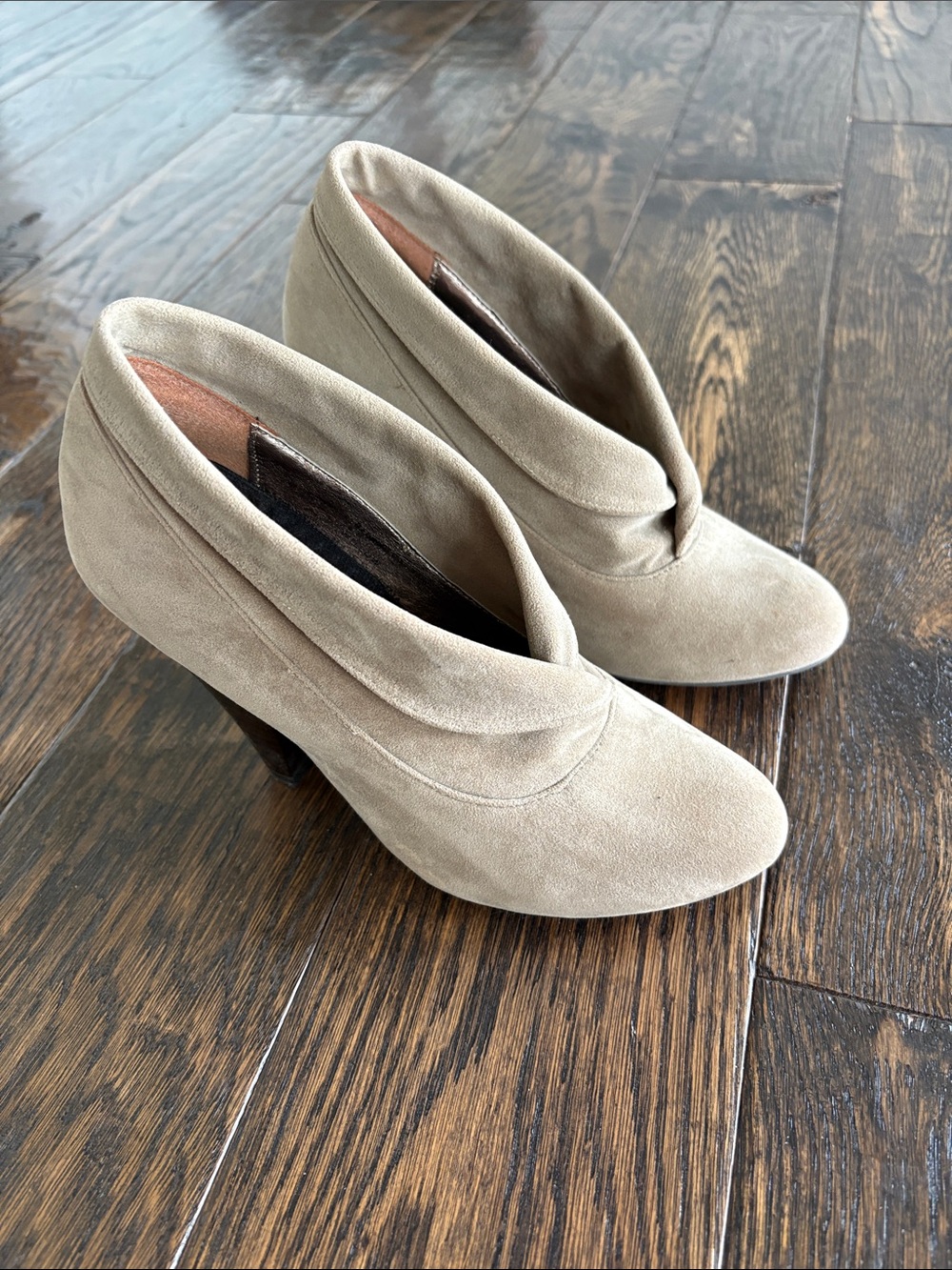Women's Taupe Suede Fold-Over Ankle Heels
